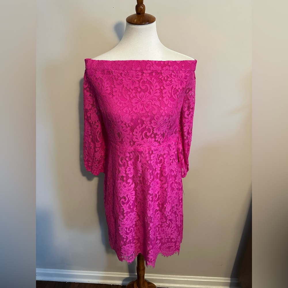 Trina Turk Fuchsia Hot Pink Lace Off the Shoulder Dress - Picture 4 of 16